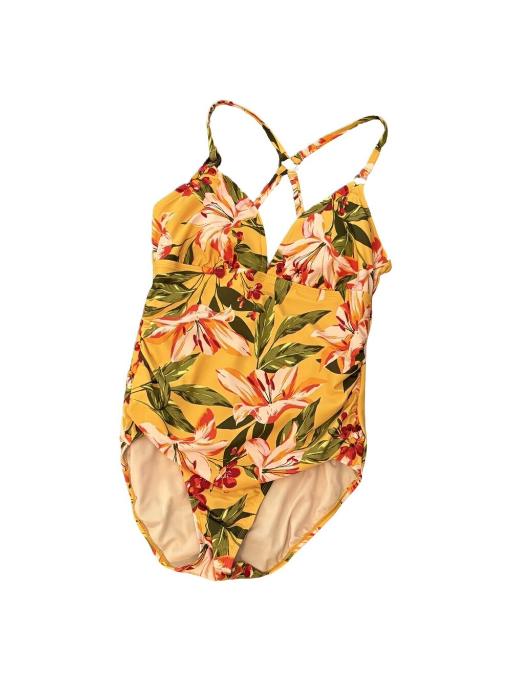 Kona Sol Women's Yellow Floral Print Strappy Back One-Piece Swimsuit XL